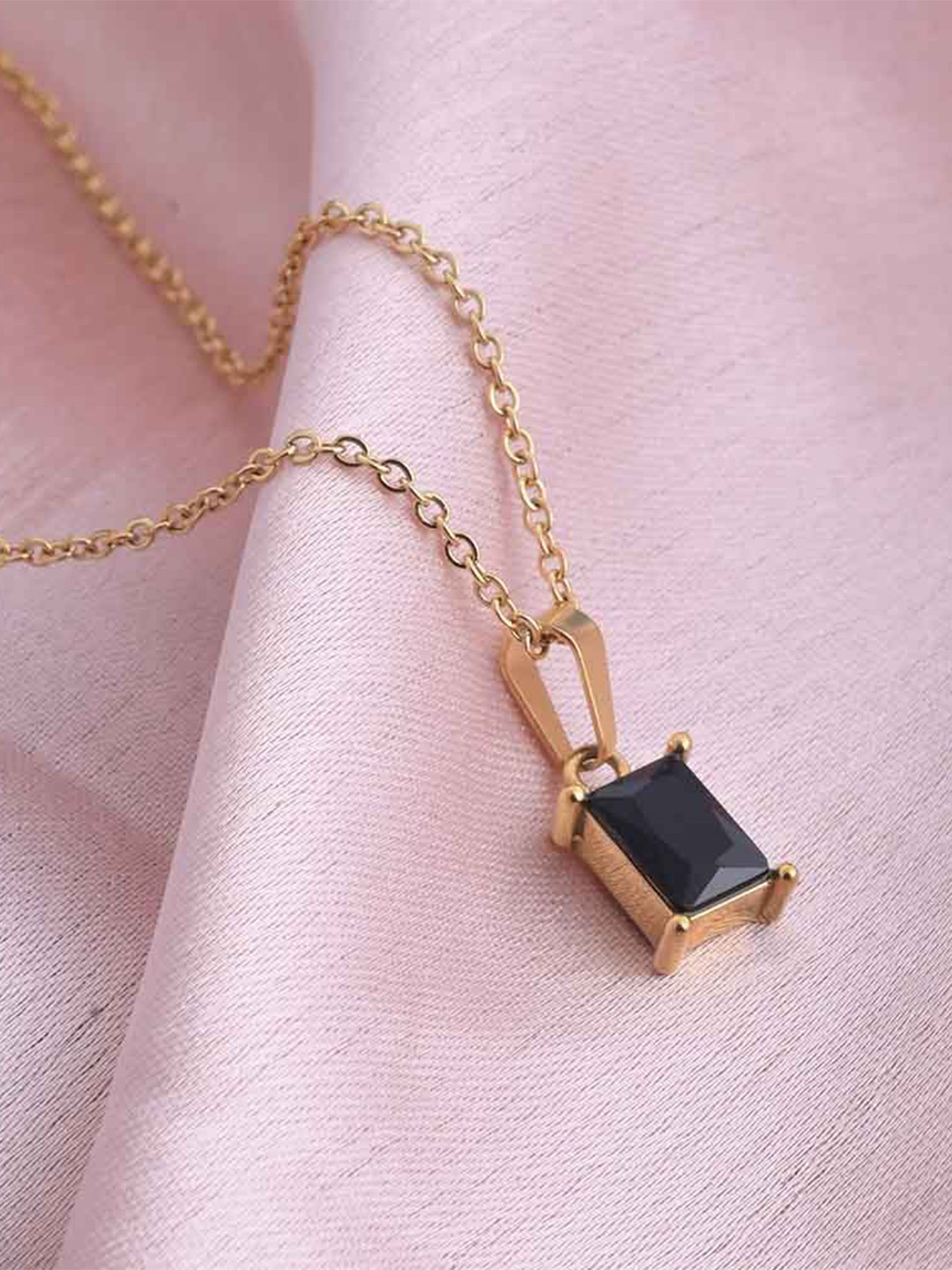 PALMONAS Black 18KT Gold-Plated Stainless Steel Cubic Zirconia Stone Studded Pendant With Chain