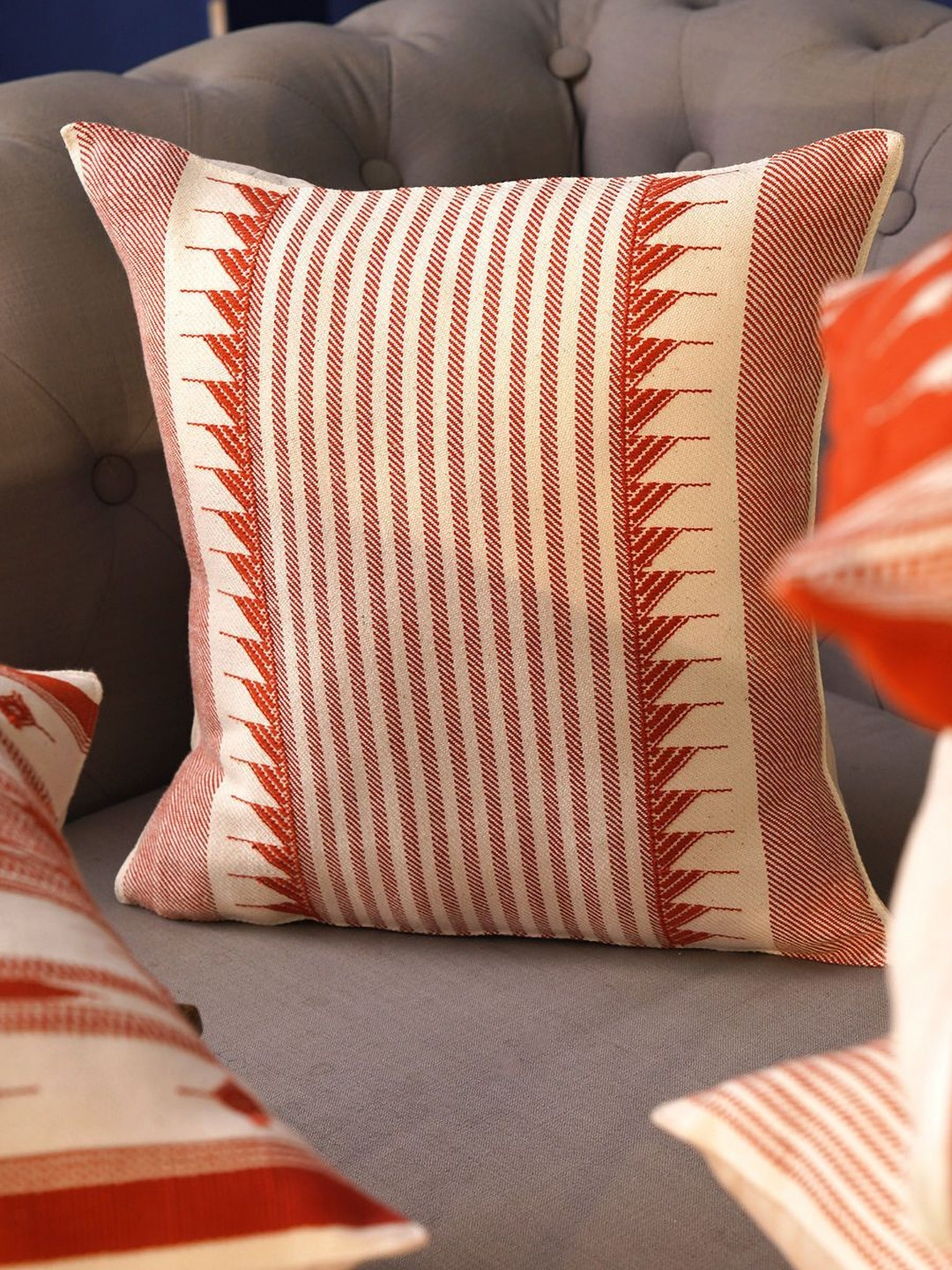JAYPORE Rust & White Embroidered Cotton Pre-Filled Cushion