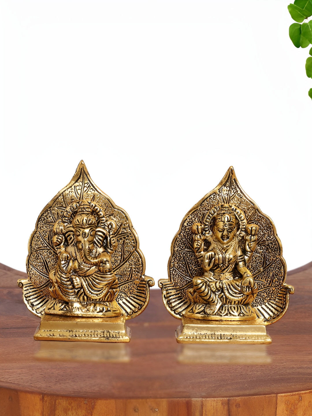 INTERNATIONAL GIFT Lakshmi-Ganesha Leaf Gold Metal Metallic Prayer Room Set of 2 Medium Showpieces - 2 Inches