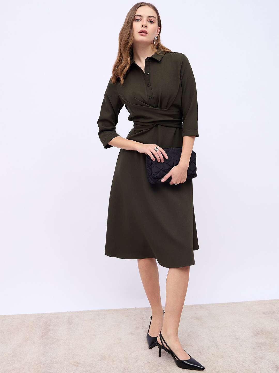 Styli Women Shirt Collar Wrap Over Tie Waist A-Line Midi Dress