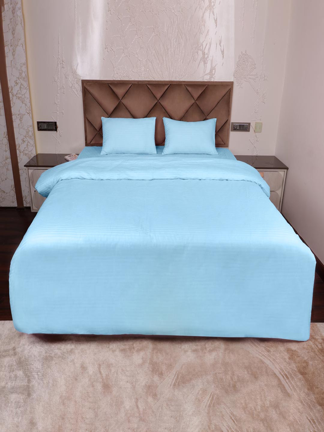 AJISH Blue Striped Pure Cotton 310 TC Double Size Duvet Cover With 2 PIllow Covers