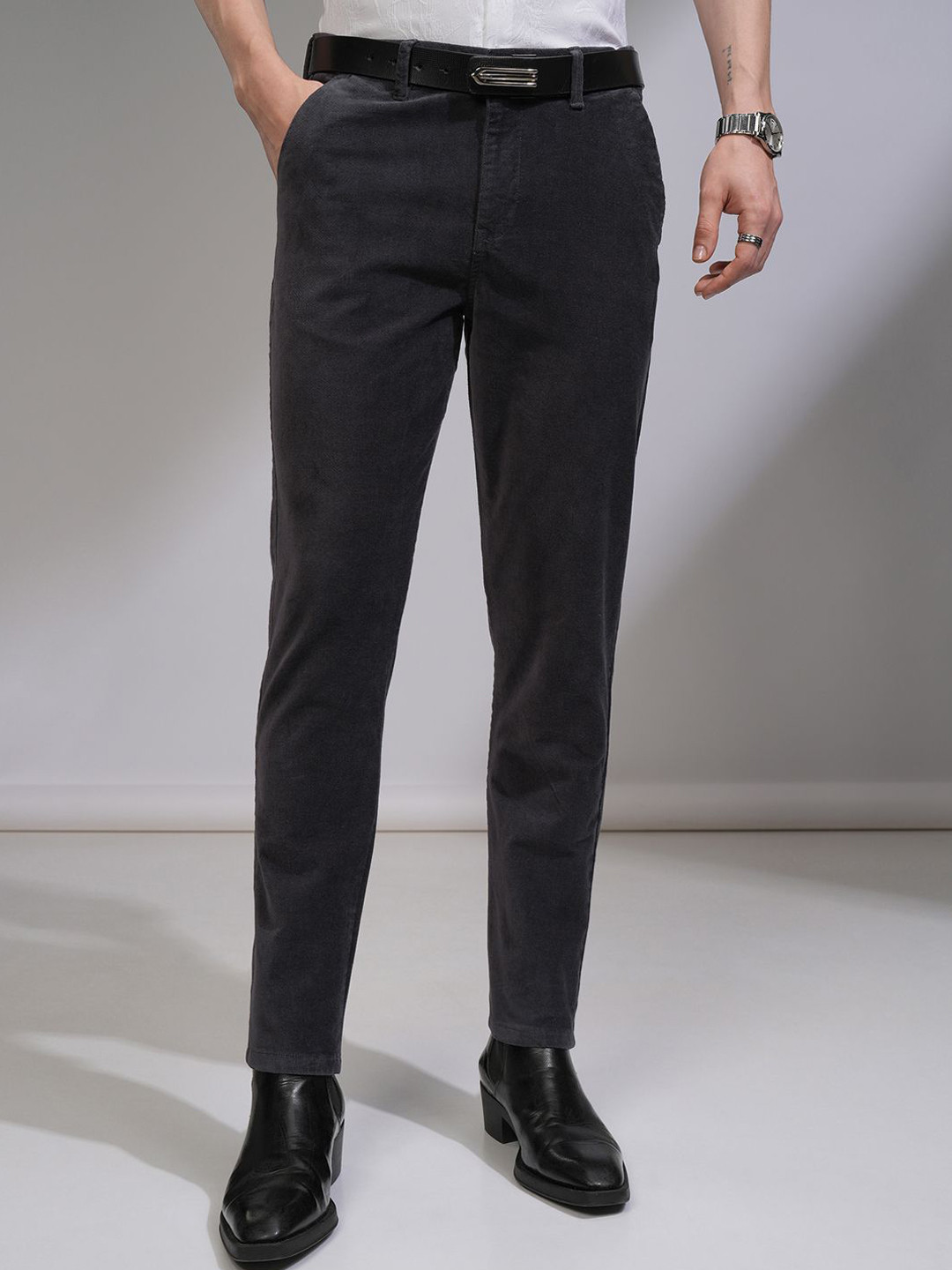 HIGHLANDER MenCorduroy Textured Smart Slim Fit Trousers