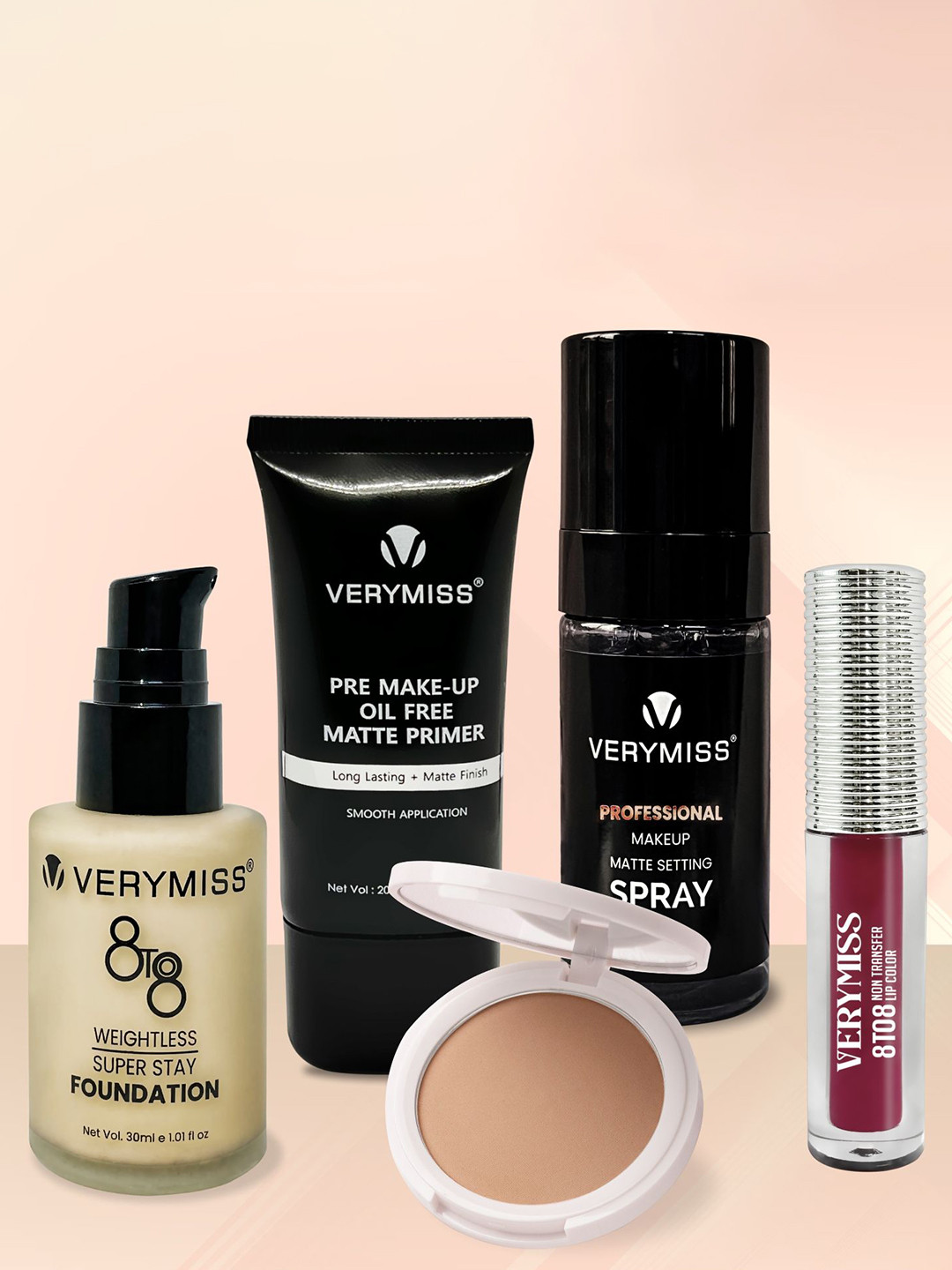 VERYMISS Set Of 5 Foundation- Primer- Setting Spray- Compact & Lipstick