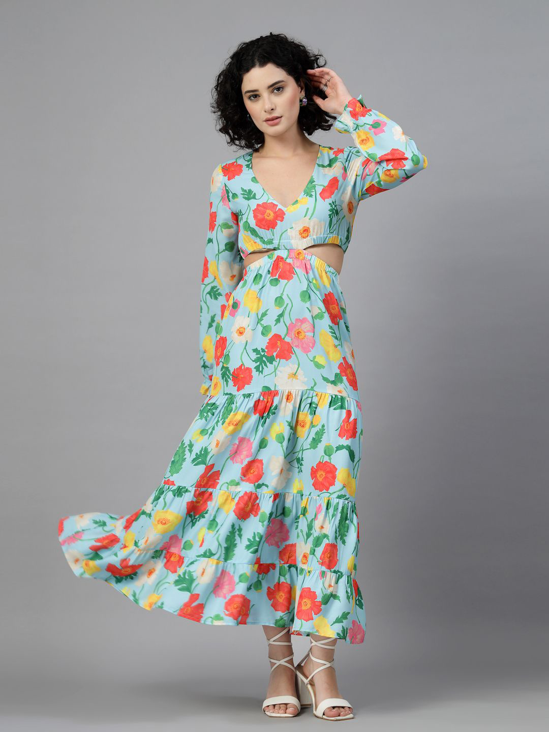 JEFF COOPER Floral Printed Fit & Flare Cut-Out Tiered Midi Dress
