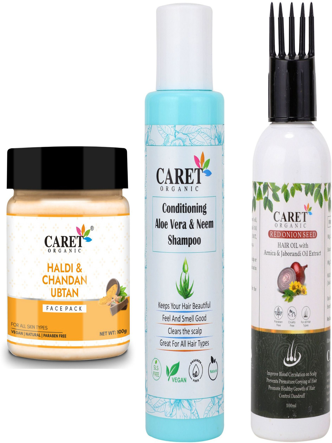 CARET ORGANIC Set Of 3 Haldi & Chandan Face Pack With Neem Shampoo & Red Onion Hair Oil