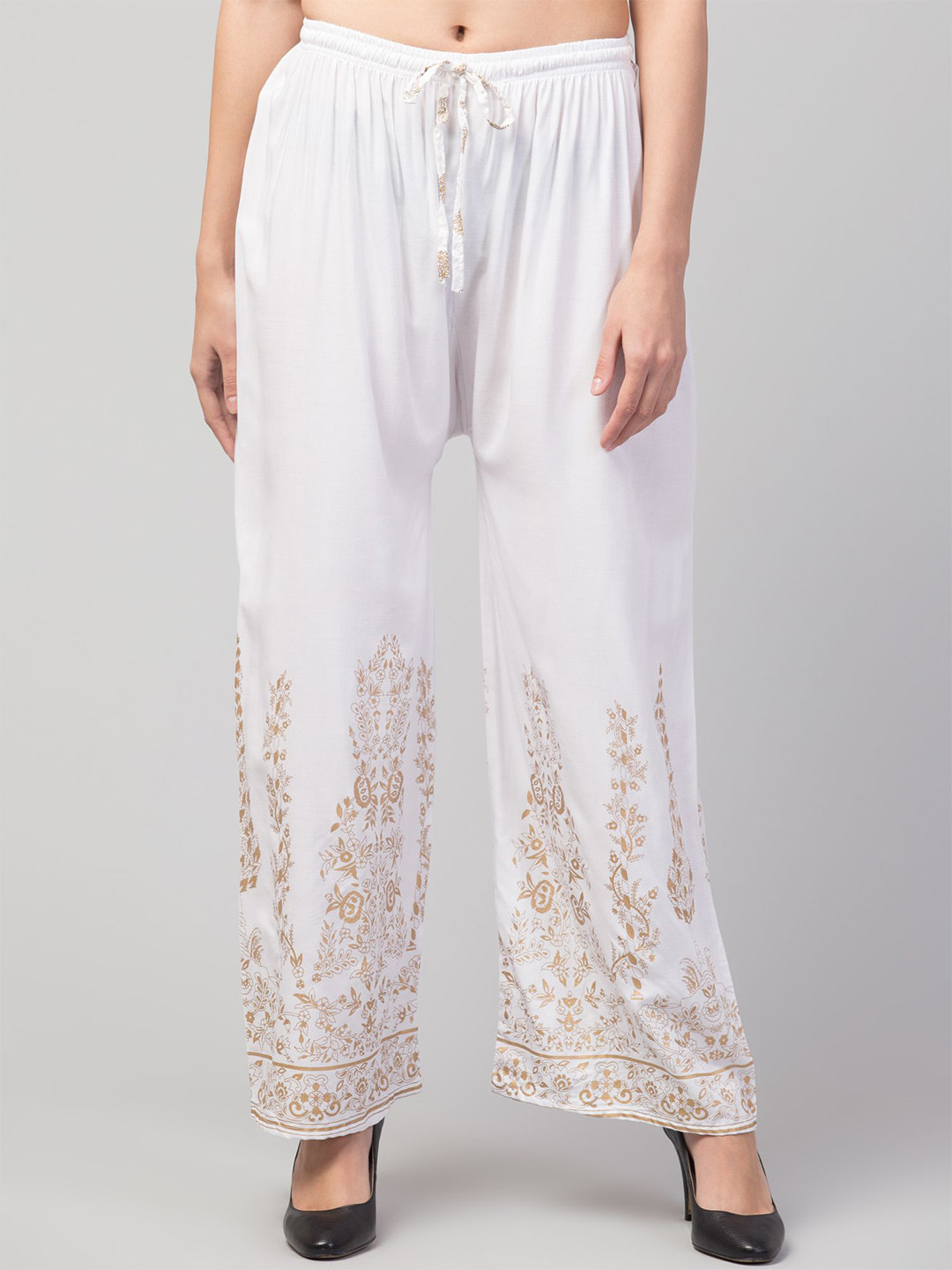 STYLE PREZONE Women Floral Hem Design Wide Leg Palazzos