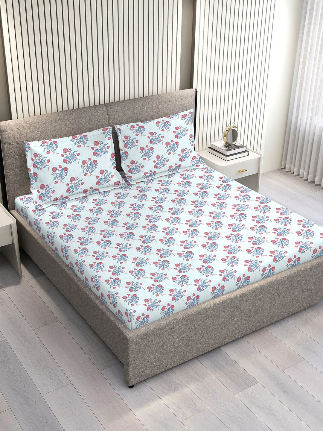 Layers Marigold Blue & Pink Floral Cotton 144 TC Double King Bedsheet Set-2.74 m x 2.74 m