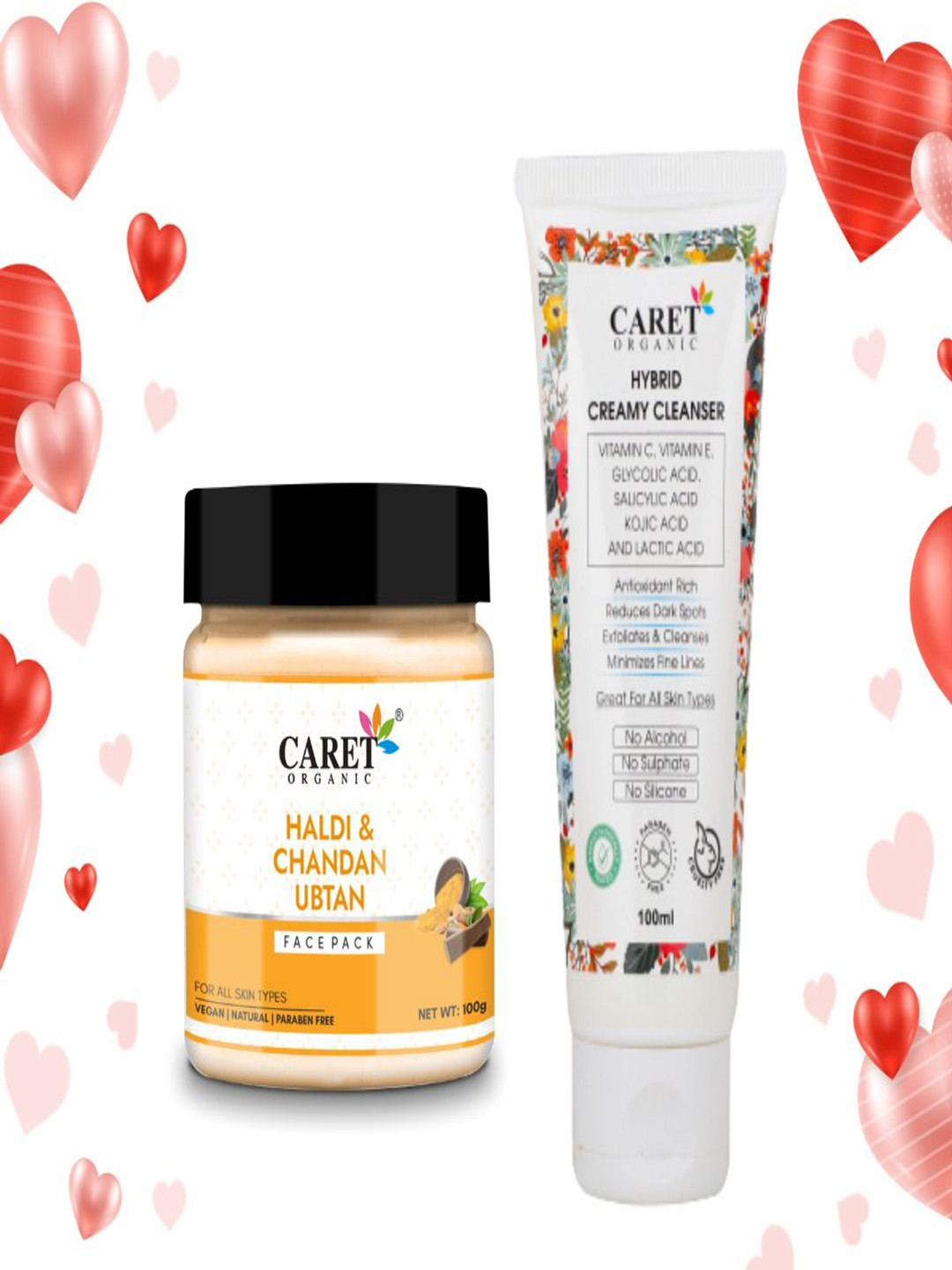 CARET ORGANIC Set Of 2 Haldi Chandan Face Pack & Hybrid Creamy Cleanser - 100g Each