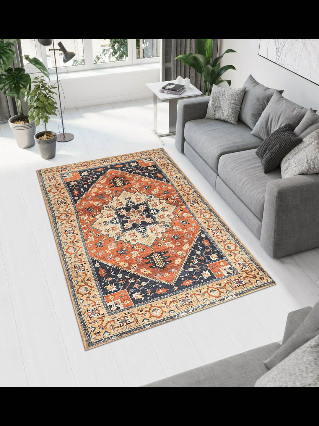 MAA HOME CONCEPT Orange Geometric Anti-Skid Woollen Carpet