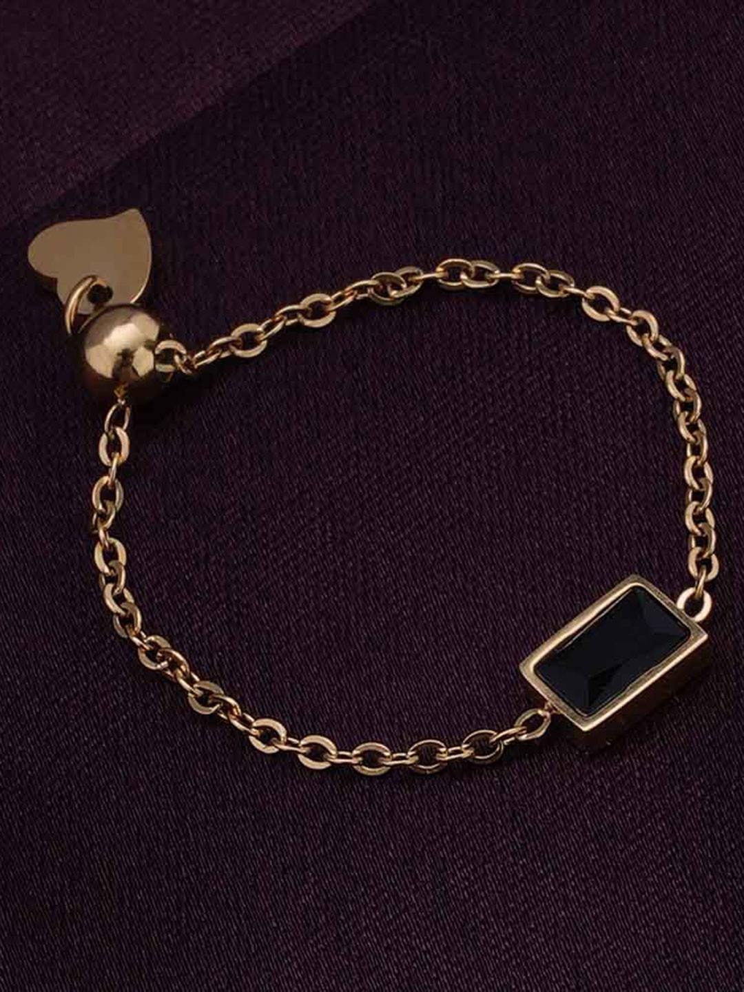 PALMONAS Gold-Plated Stainless Steel Dainty Black Stone Studded Adjustable Chain Ring