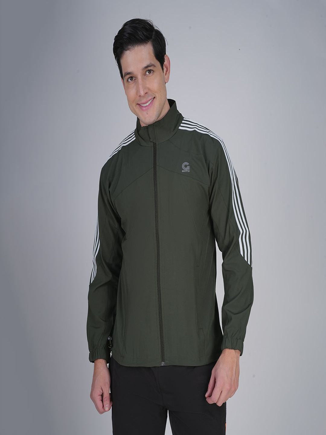 GOTO Men Mandarin Collar Striped Casual Lightweight Bomber Jacket