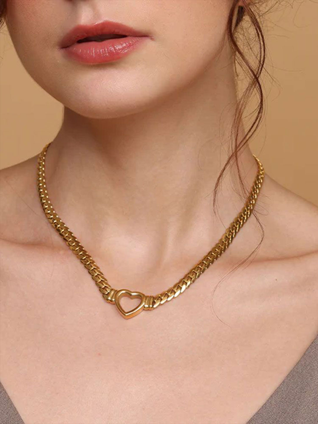 PALMONAS 18K Gold-Plated Stainless Steel Cuban Hollow Heart Necklace