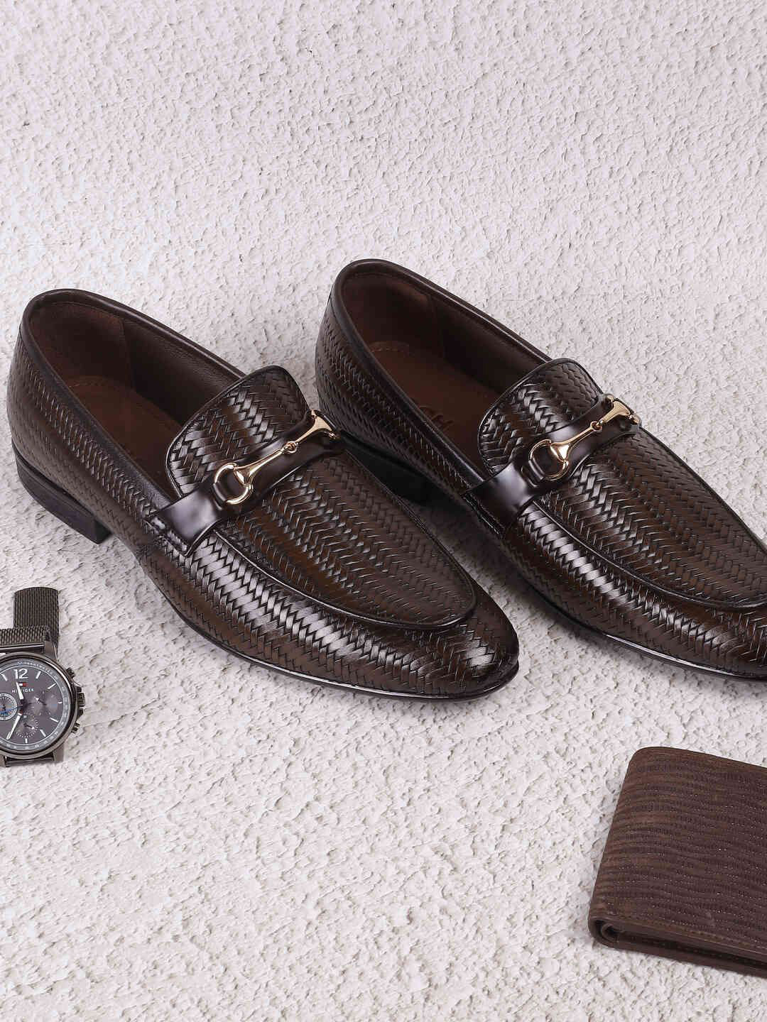Mochi Men Woven Design Leather Formal Loafers Shoes