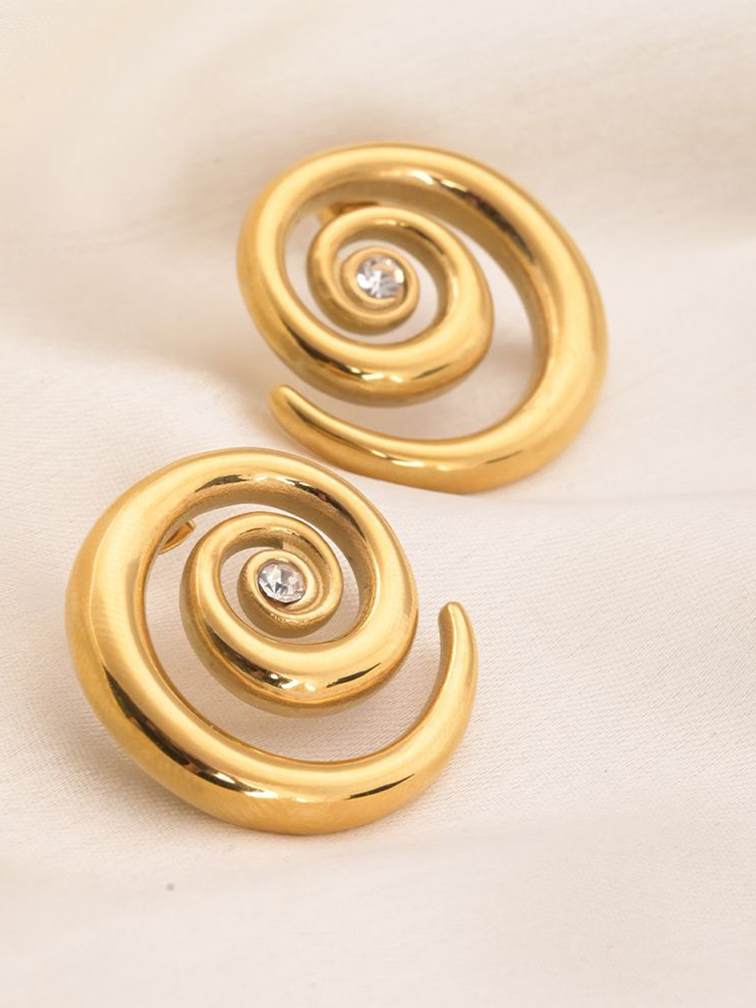 PALMONAS 18KT Gold Plated Stainless Steel Cubic Zirconia Studded Cosmic Swirl Studs