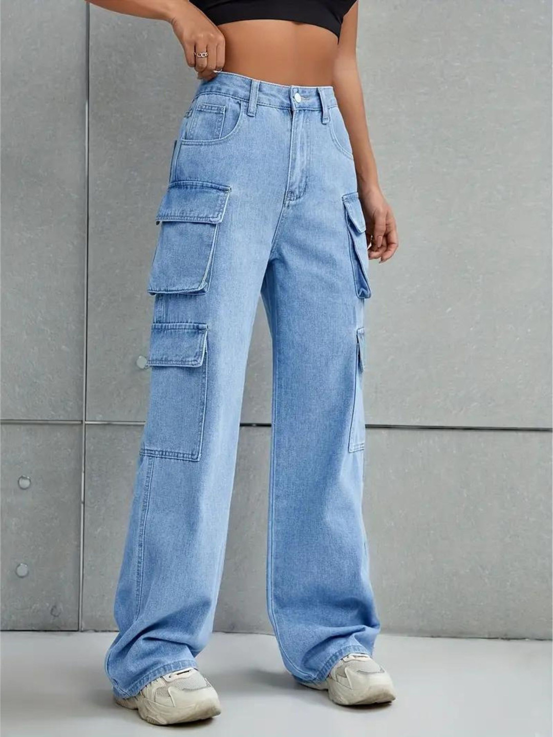 Glossia Nova Women Comfort Wide Leg High-Rise Acid Wash Stretchable Cargo Jeans