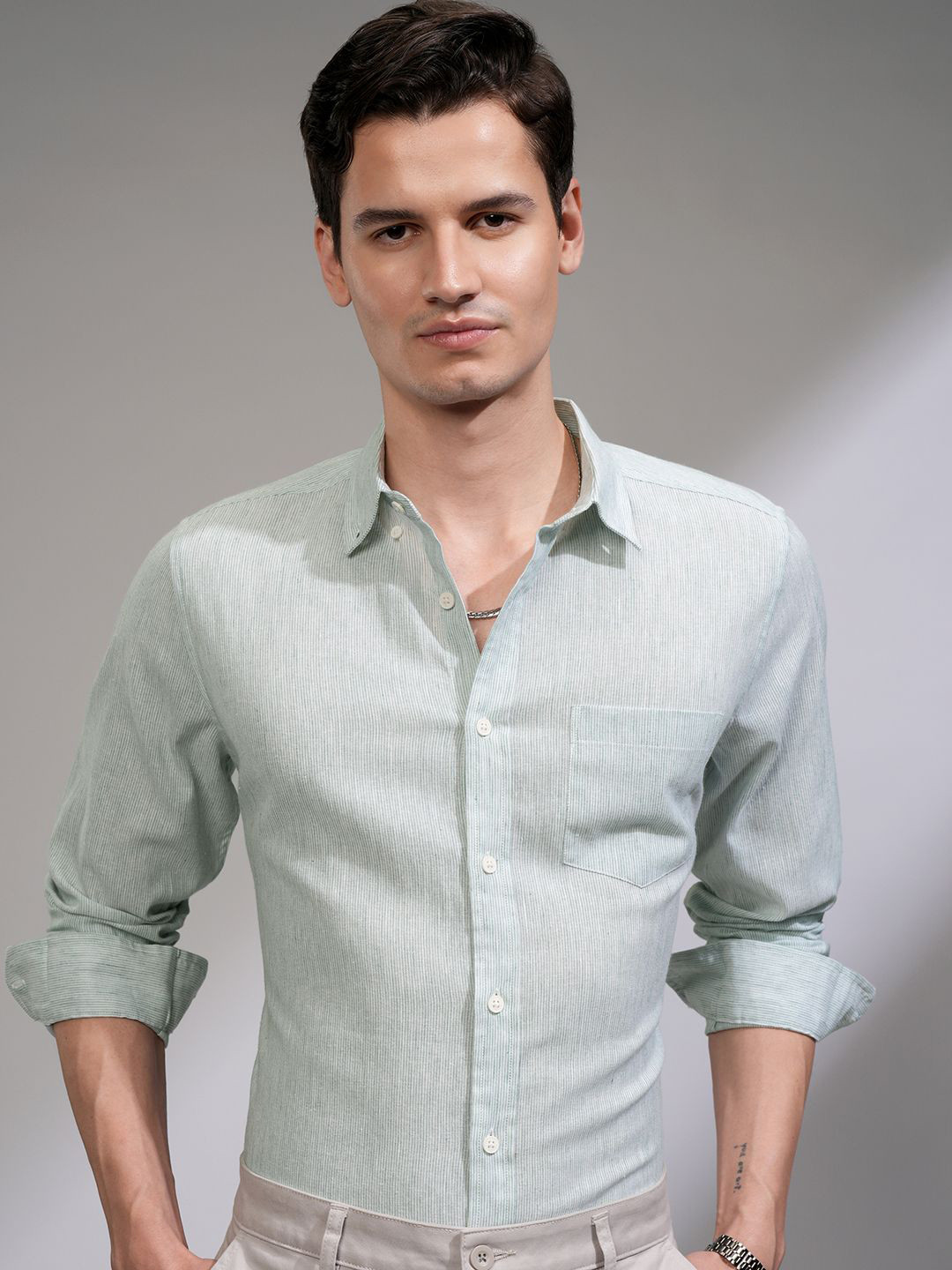 HIGHLANDER Men Linen Fancy Yarn Striped Button Down Collar Casual Slim Fit Shirt