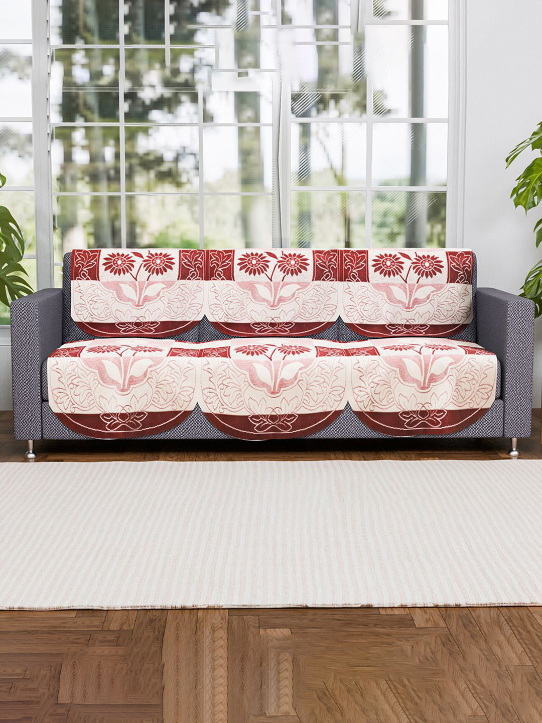 Kuber Industries Red & Off White 6 Pieces Flower Strip Printed Cotton 3 Seater Sofa Covers