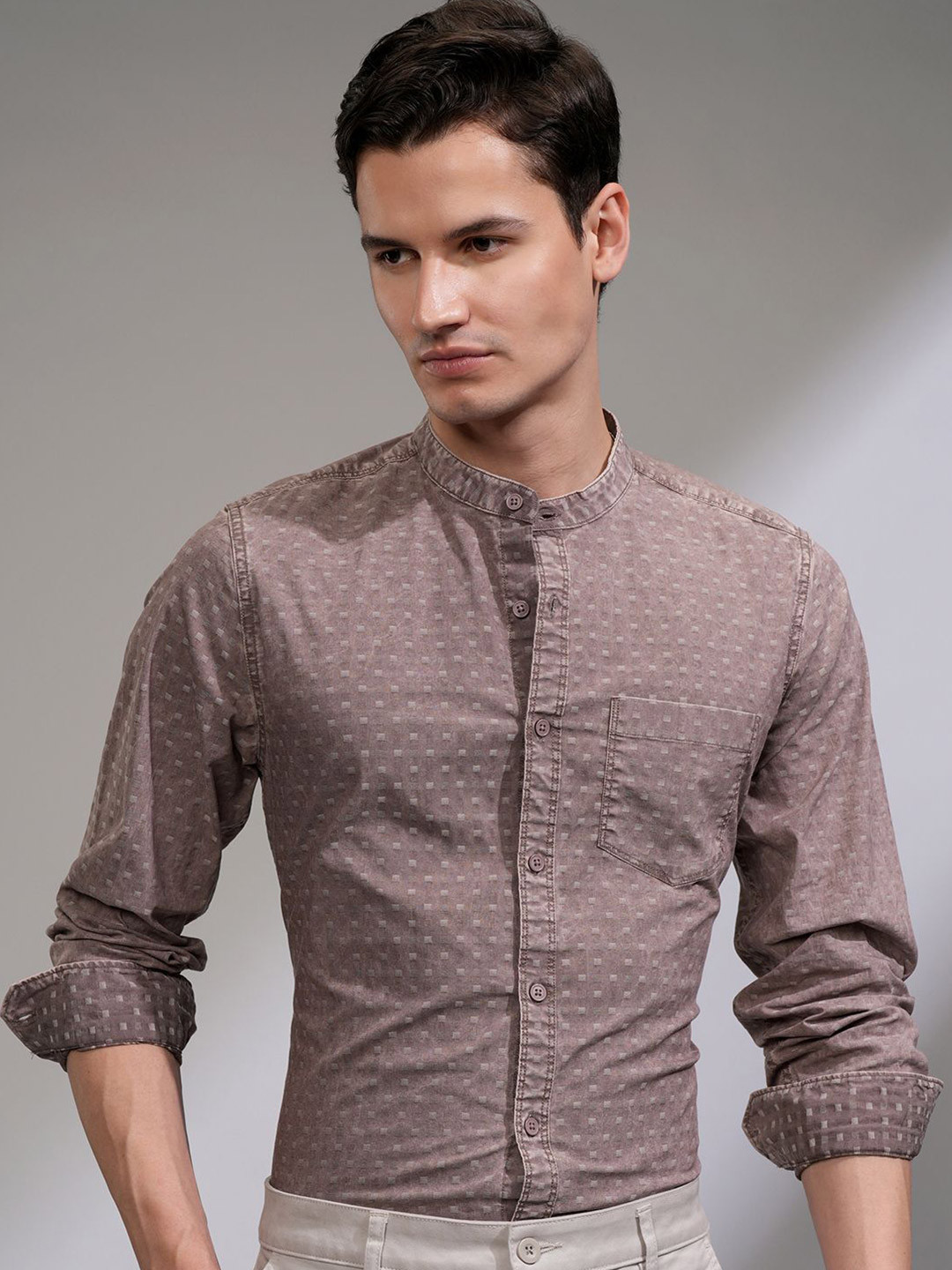 HIGHLANDER Men Sulphur Washed Mandarin Collar Sleeve Roll-Up Casual Slim Fit Shirt