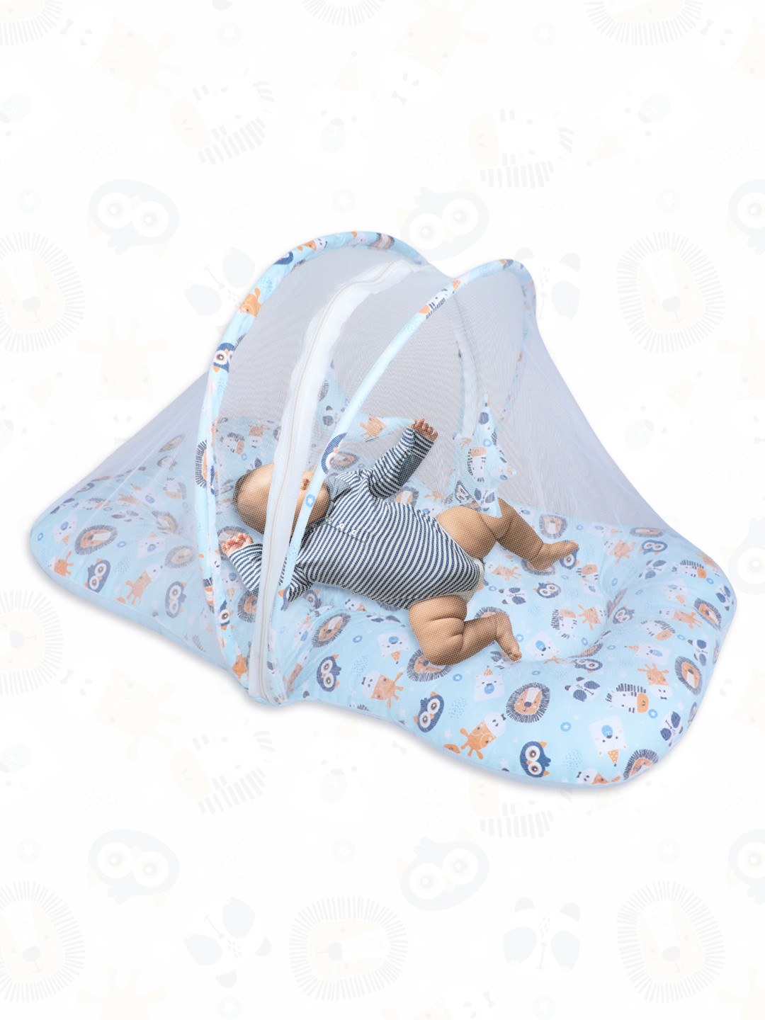 Polka Tots Blue & Yellow Lion Printed Cotton Satin Mosquito Net Bed With Toy Dangling