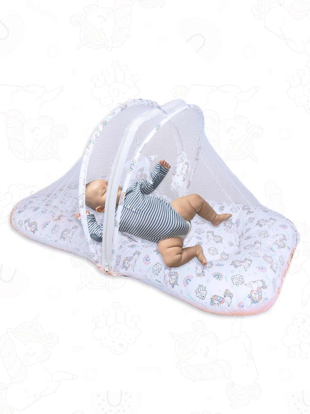 Polka Tots Lavender & Pink Unicorn Printed Cotton Satin Mosquito Net Bed With Toy Dangling