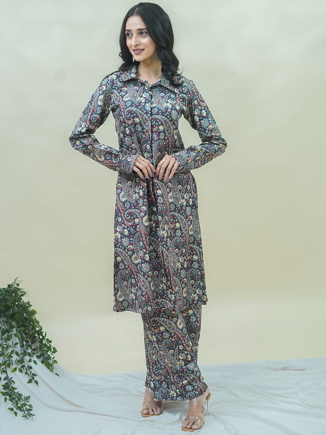 GO BOUJEE Printed Shirt Collar  Neck Top With Palazzo Co-Ords