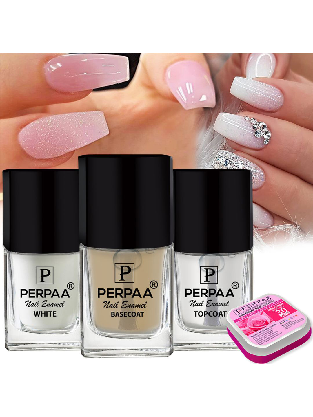 PERPAA 3-Pcs Base Coat, Top Coat & White Nail Polish & Wipes 5 ml Each Shade -114,115,119