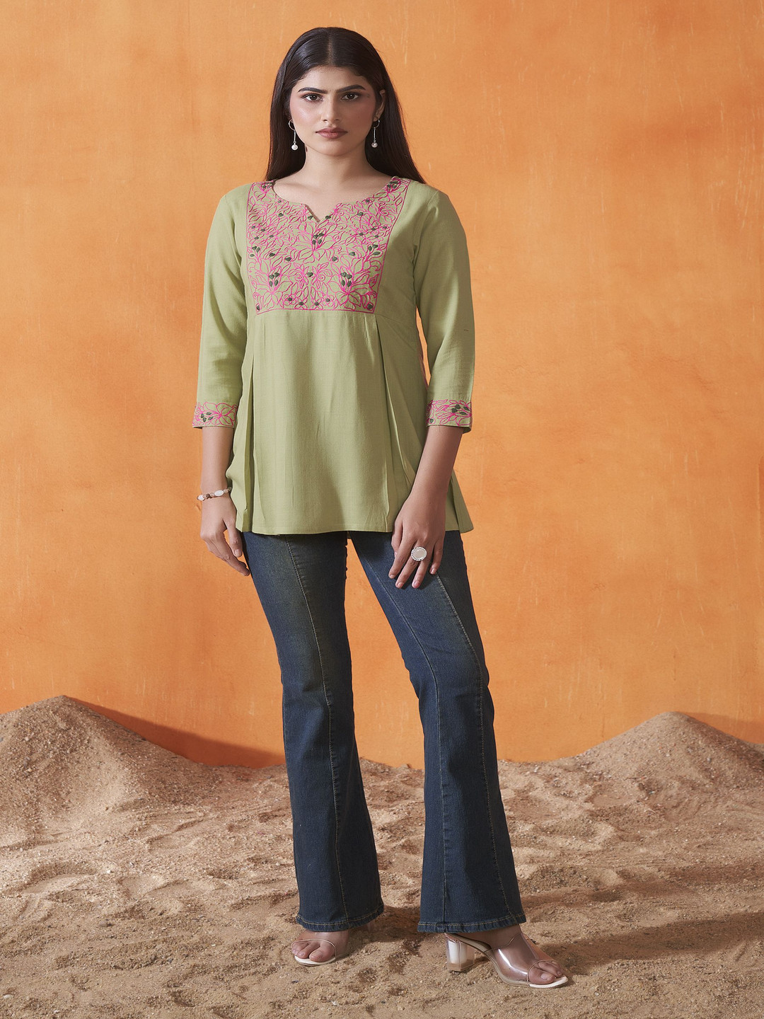 Anouk Green and Pink Floral Embroidered Notch-Neck Kurti