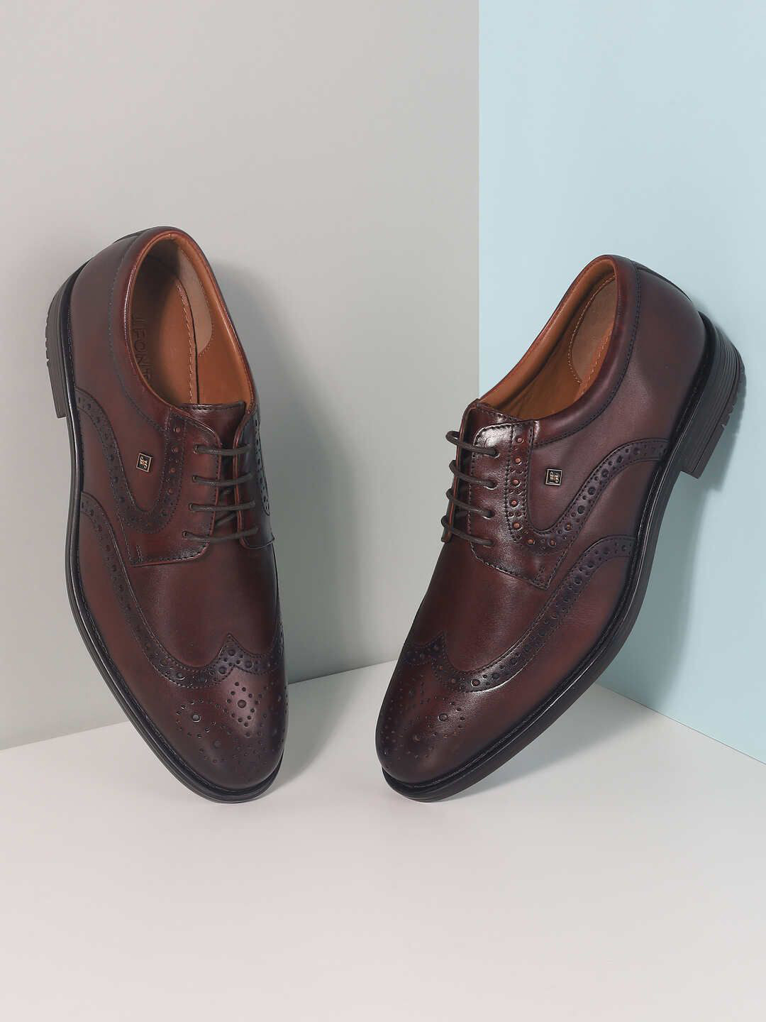 J.FONTINI Men Leather Formal Woven Design Brogues Shoes