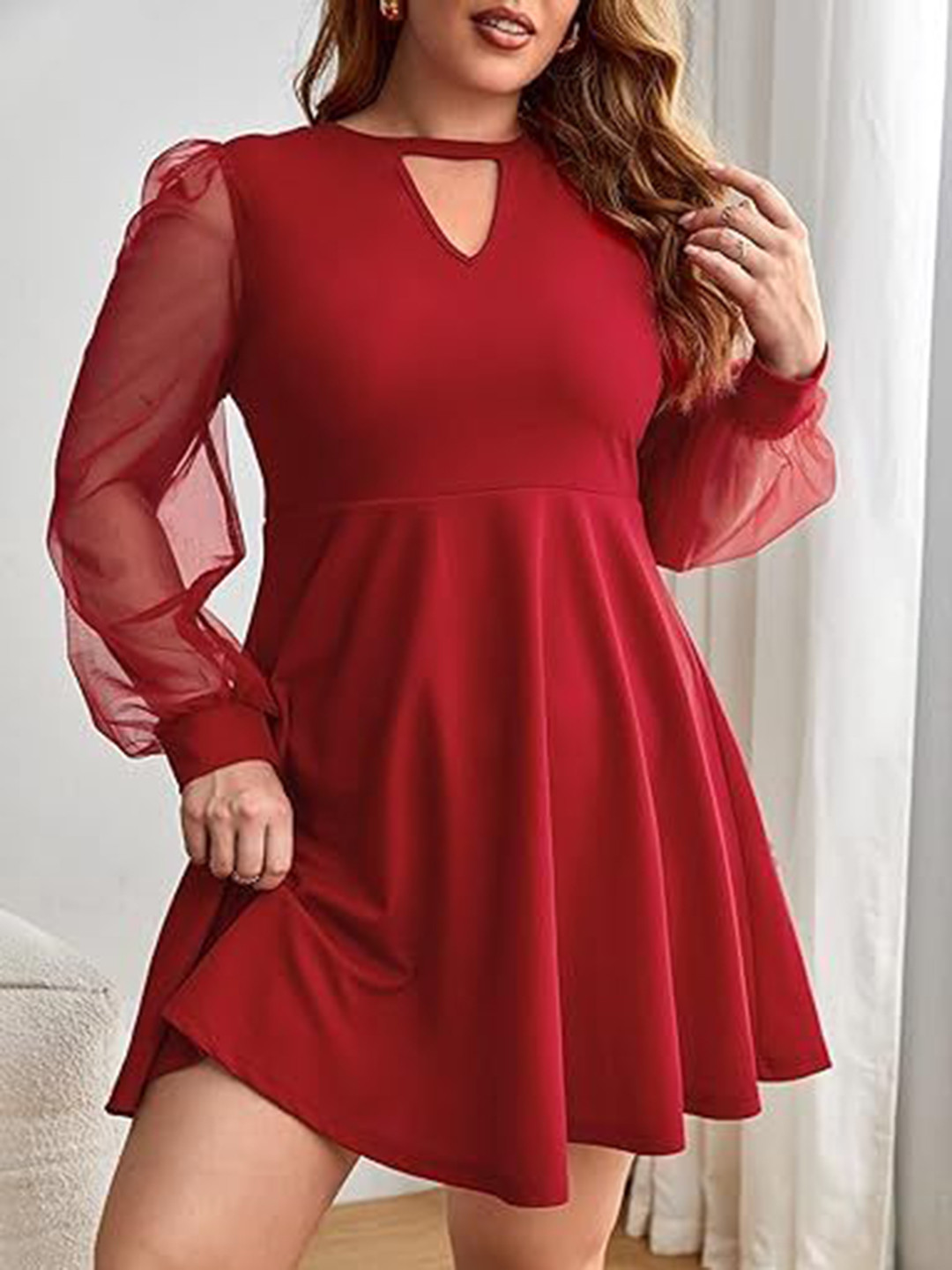 C4D Women Round Neck Pluse Size Fit and Flare Above Knee Dress
