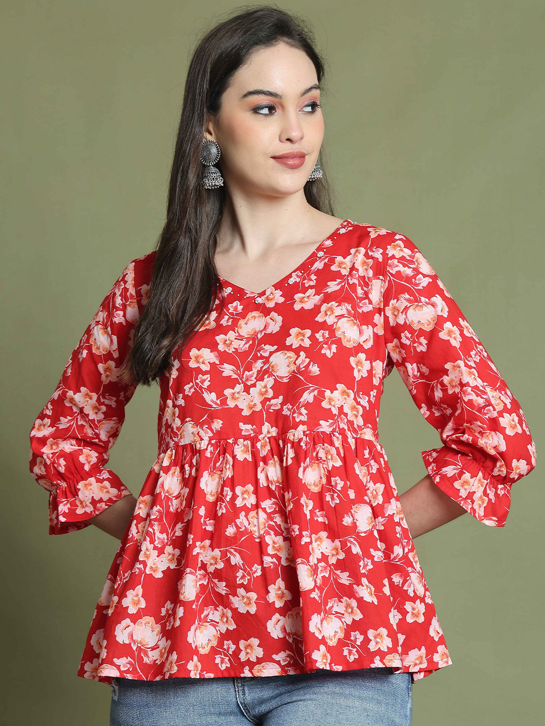Rajnandini Floral Printed Pure Cotton A-Line Top