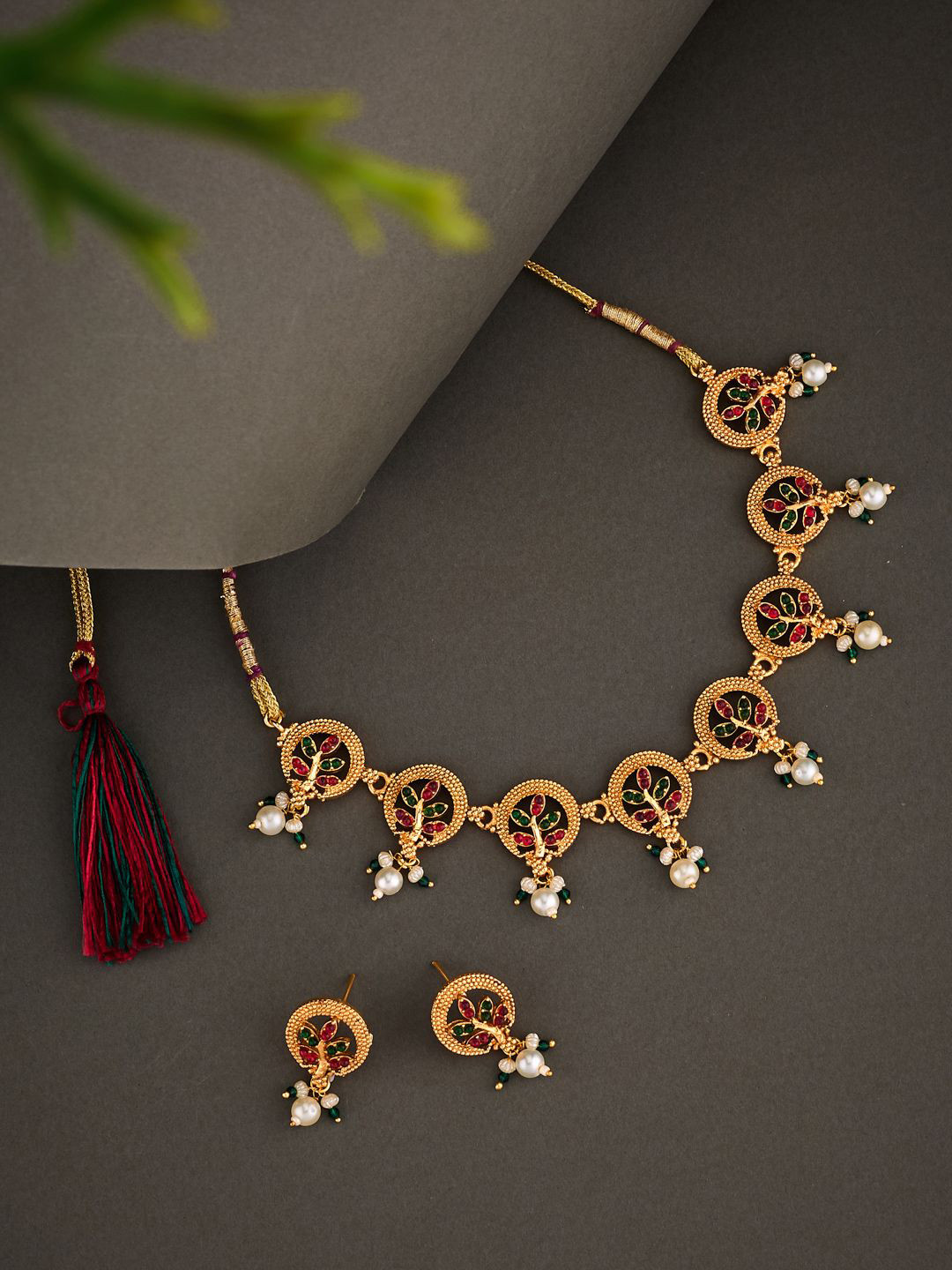 ATIBELLE Gold-Plated Stone Studded & Beaded Leaf-Round Shaped Necklace and Earrings