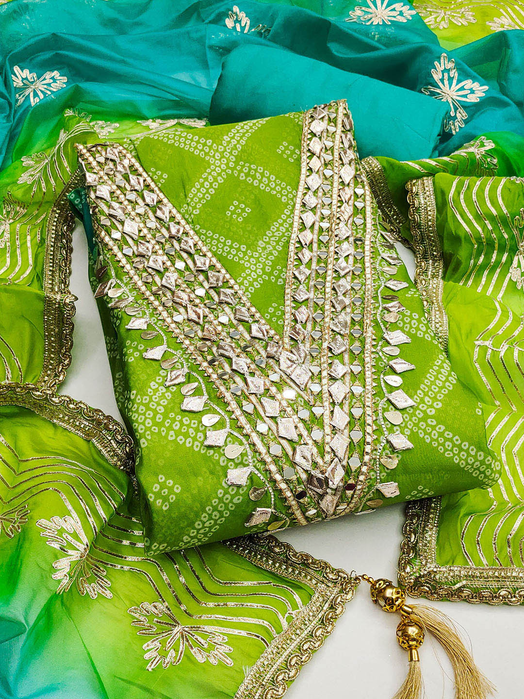 Maroosh Leheriya Printed Gotta Patti V Neck Mirror Work Organza Unstitched Dress Material