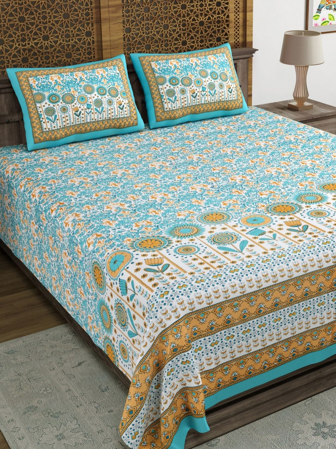 Myntra Elegant Homes Blue Ethnic Motifs Cotton 210 TC Super King Fine Bedsheet with 2 Pillow Covers-230 x 230 inches