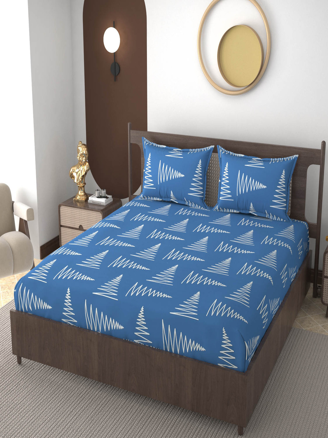 VOMZER Blue Abstract Cotton 210 TC Fitted King Fine Bedsheet with 2 Pillow Covers-198 x 183 cm