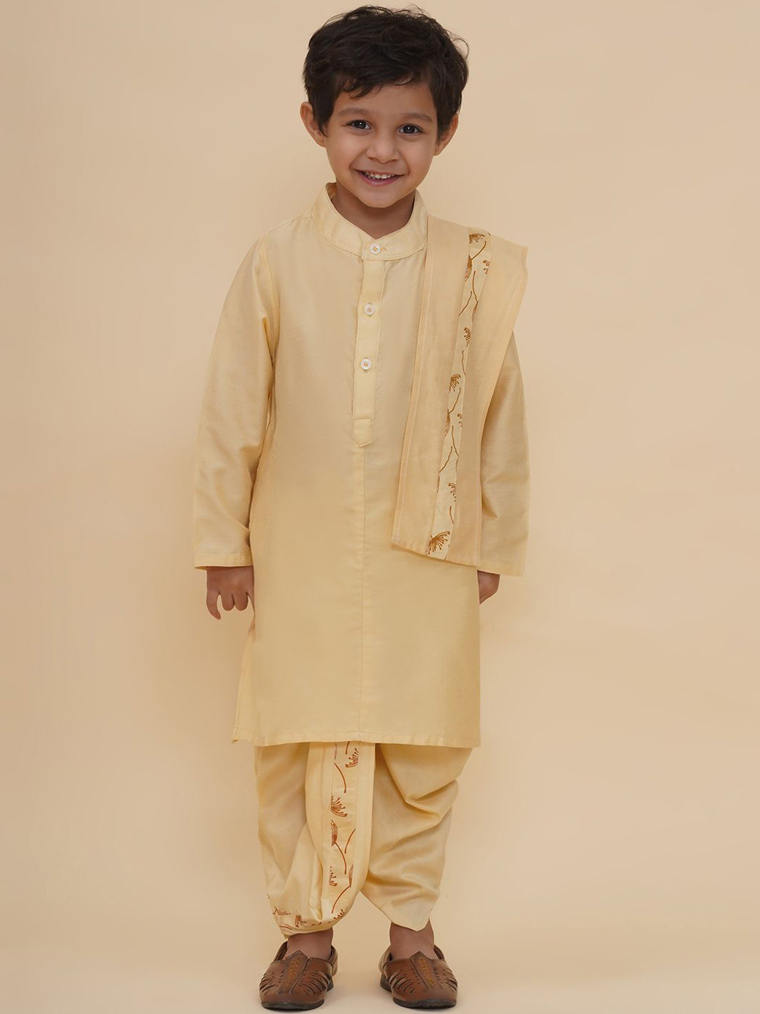Sethukrishna Boys Band Collar Art Silk Straight Kurta With Dhoti Pants And Angavastram
