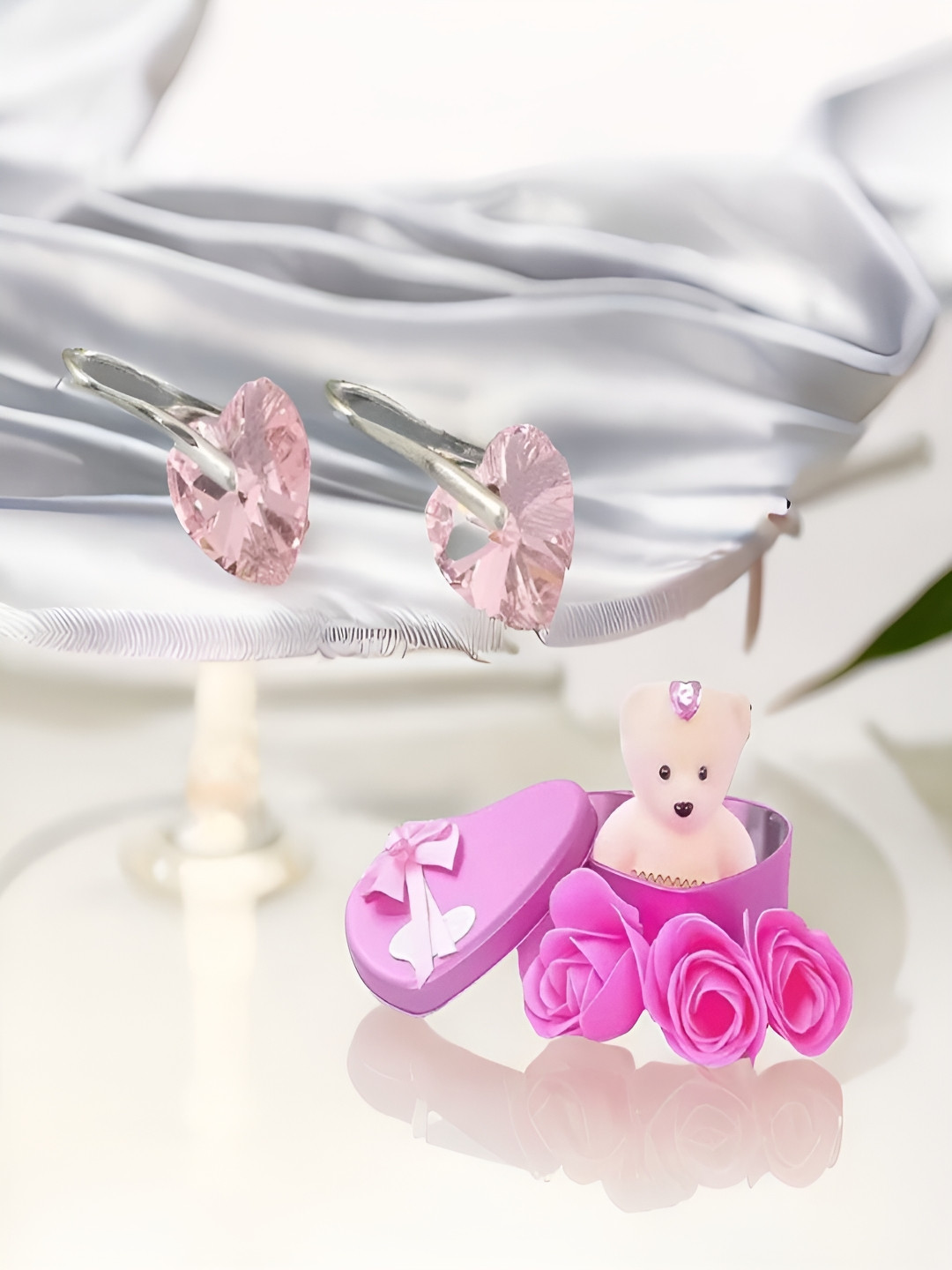 UNIVERSITY TRENDZ Pink Heart Stud Drop Earrings With Teddy Bear Gift Combo Set