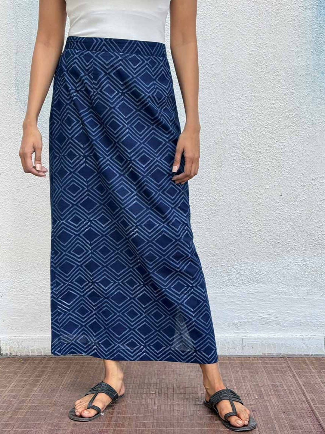 Chidiyaa Women Indigo Bunting Blockprinted Cotton Skirt
