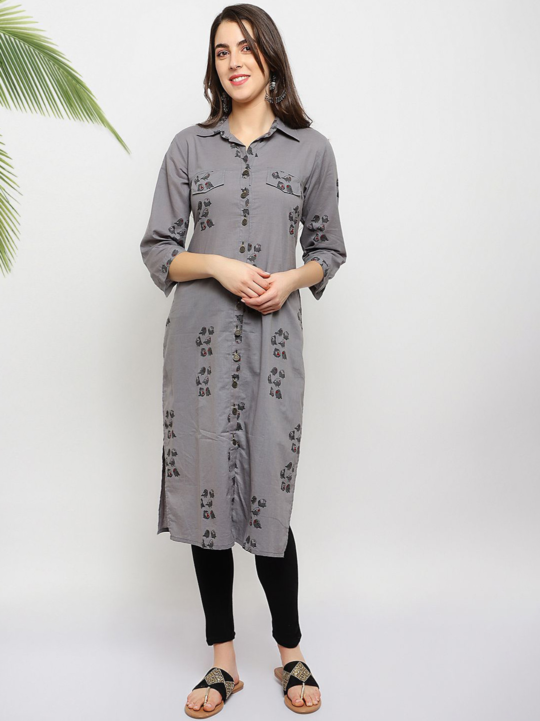 PALASH Women Quirky Block Printed Shirt Collar Straight Pure Cotton Kurta