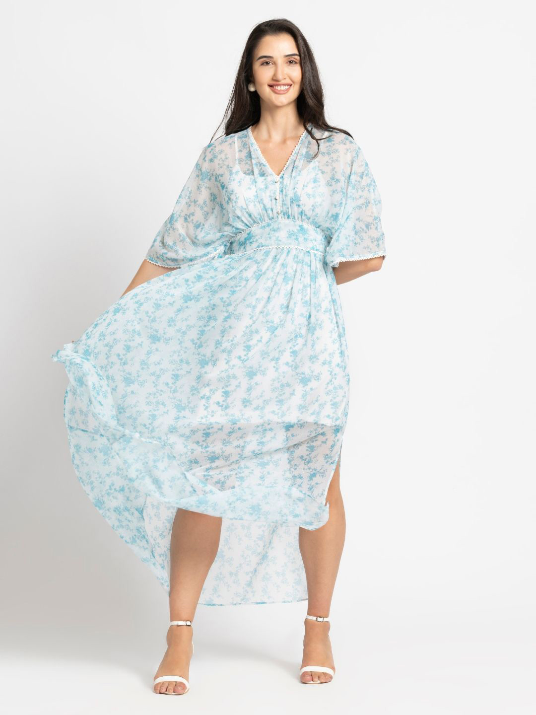 JULO Azure Breeze Floral Printed Chiffon Midi Flowy Dress