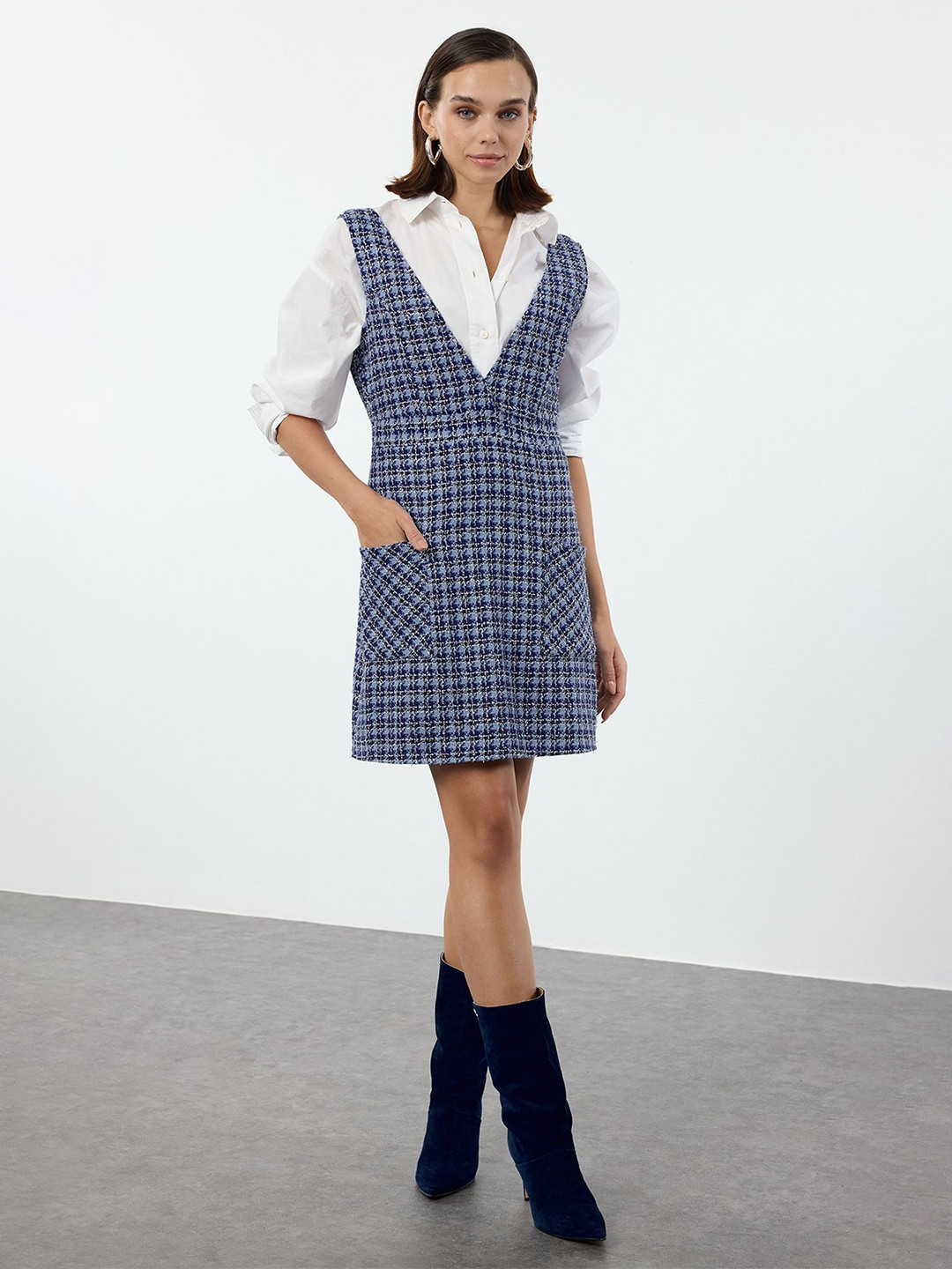 Trendyol Checked V-Neck A-Line Dress