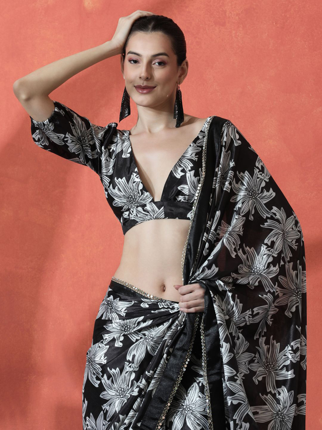 Sangria Satin Floral Printed Embellished Printed Mirror Work Ready to wear Saree