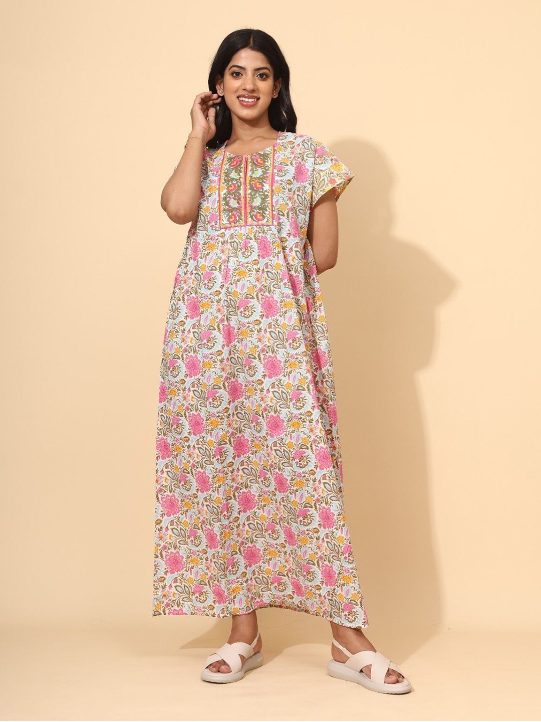 YELLOW BLOOM Women Floral Printed Pure Cotton Maxi Nightdress