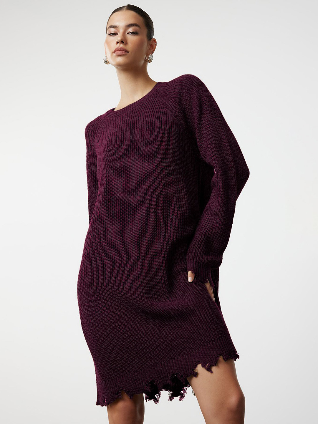 Trendyol Bordo Round Neck Jumper Dress