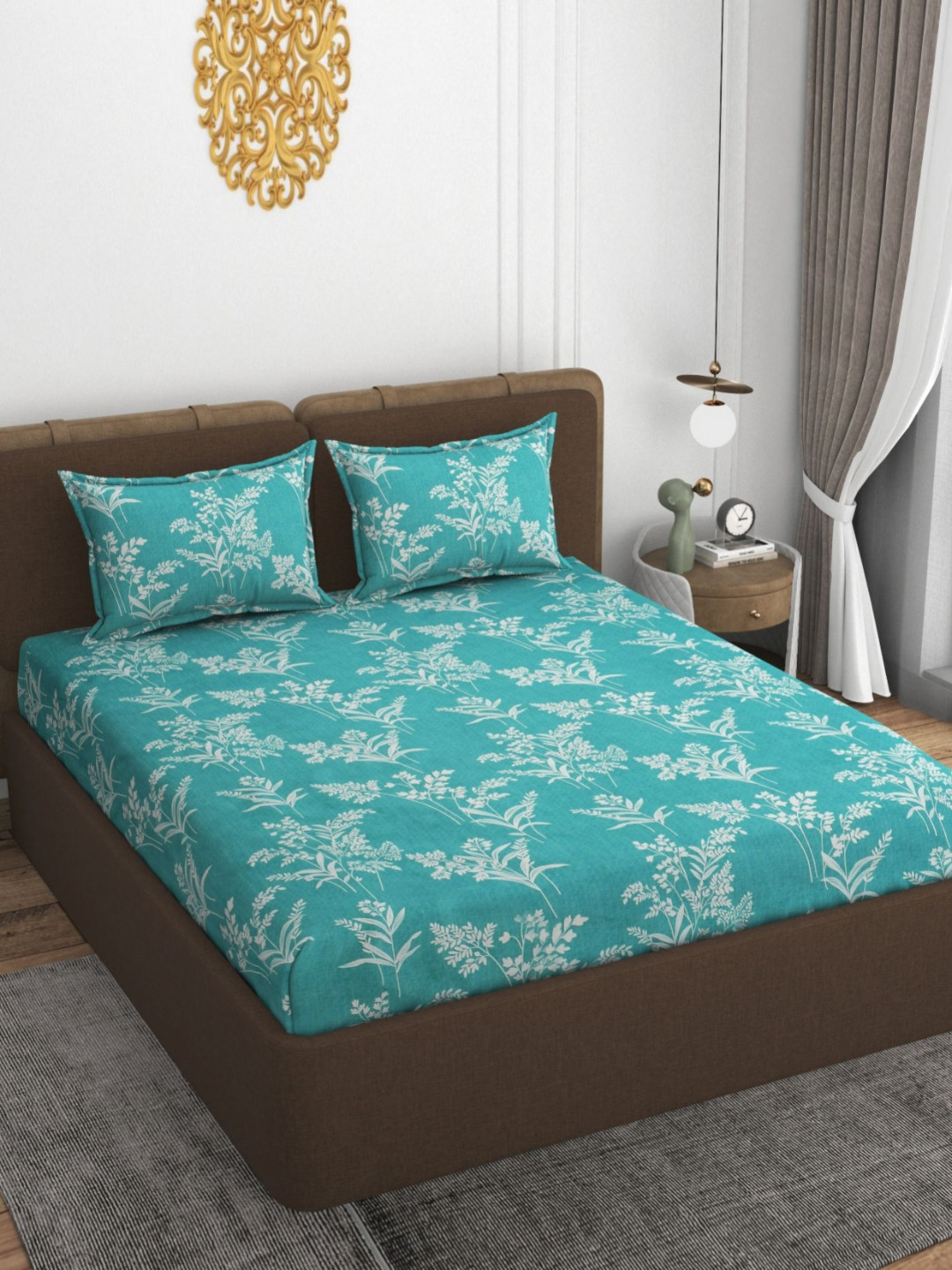 VOMZER Fitted-Aqua Lily Turquoise Blue Floral Cotton 210 TC Fitted King Fine Bedsheet with 2 Pillow Covers-78 x 72 inches
