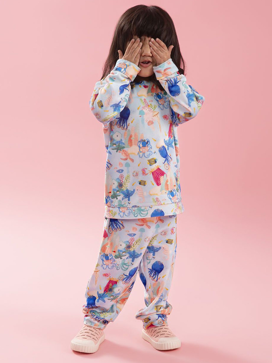THE BABY TRUNK Pack of 2 Blue Printed Velour Full Sleeve Clothing Set