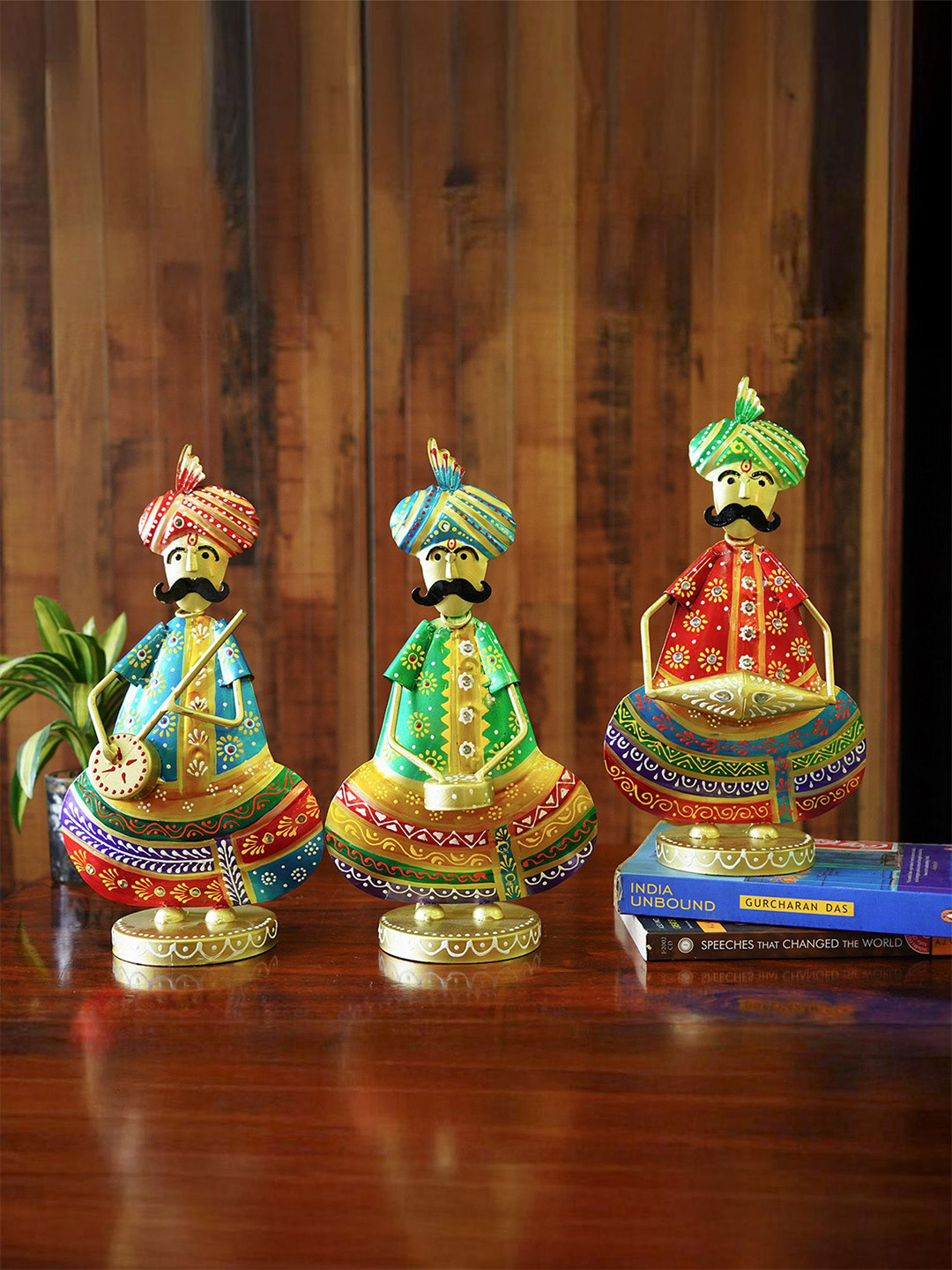 Ekhasa Rajasthani Musicians Green Metal Metallic Living Room Music Set of 3 Small Showpieces - 12.4 Inches