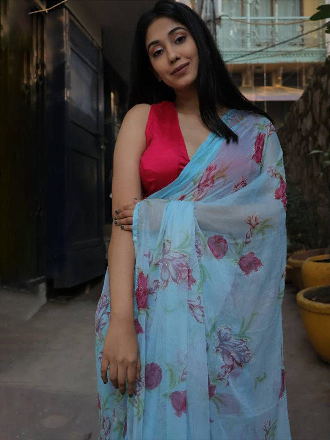 House of Chiffon Floral Printed Saree with Blouse Piece