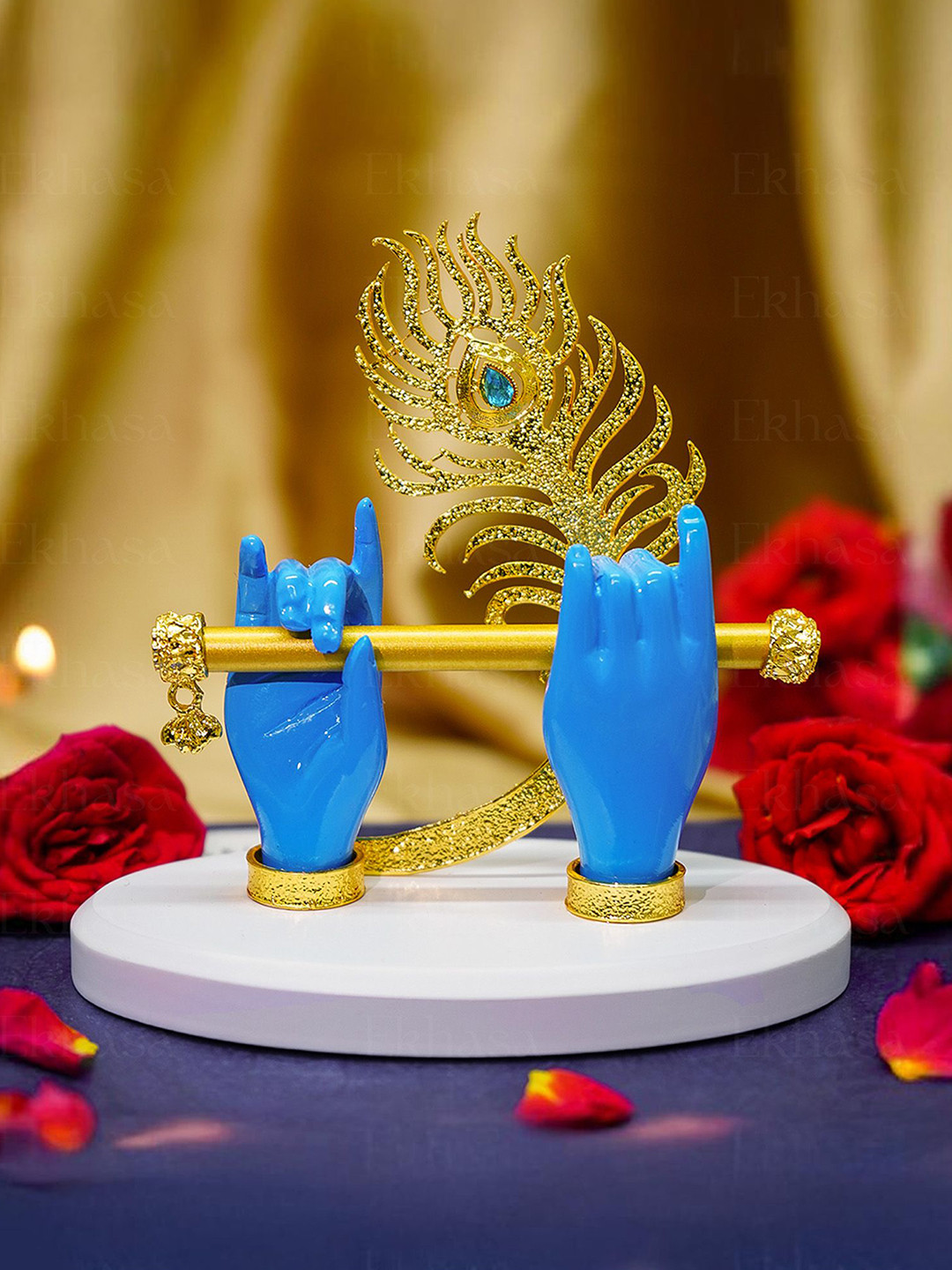 Ekhasa Blue & Gold-Toned Lord Krishna Flute Hands Idol Showpiece