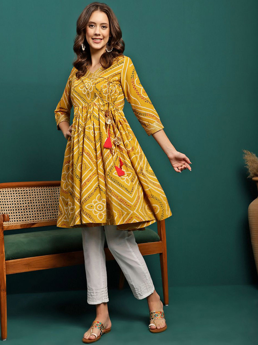 Sangria Yellow Bandhani Printed Angrakha V-Neck Pure Cotton Anarkali Kurti With Trouser