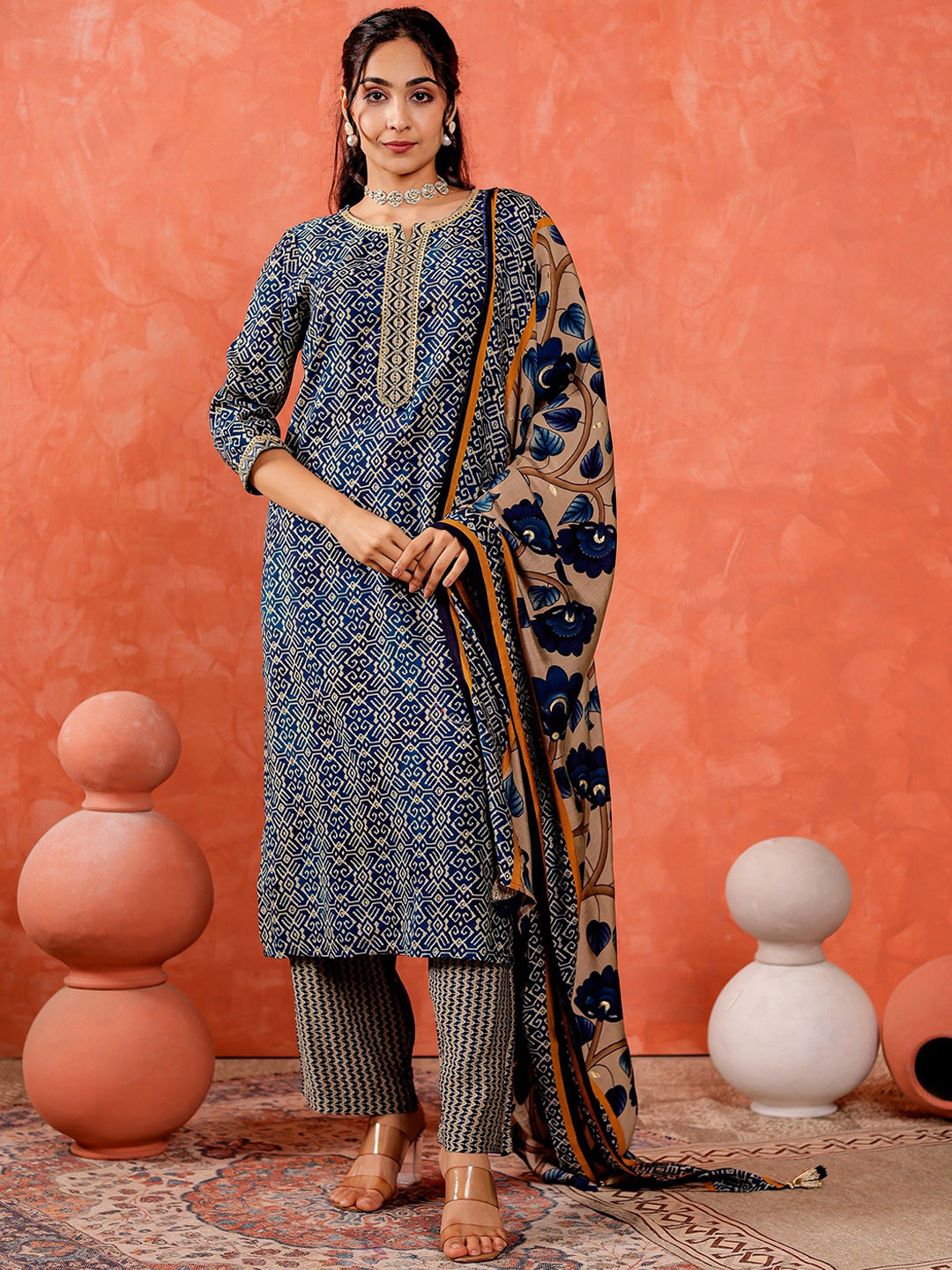 Chandbaali Block Printed Notch Neck Chanderi Cotton Straight Kurta With Trousers & Dupatta